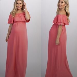 PinkBlush Coral Off Shoulder Ruffle Maxi Dress